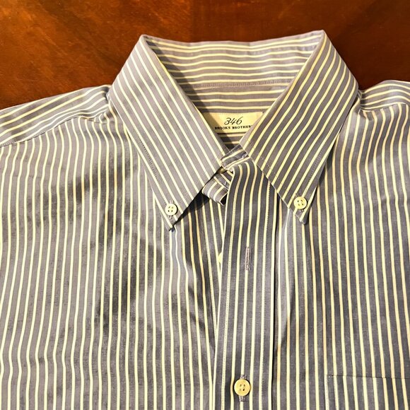 Brooks Brothers 346 Mens Blue & White Striped Button-Down Dress Shirt 16.5 34/35 - Picture 3 of 7